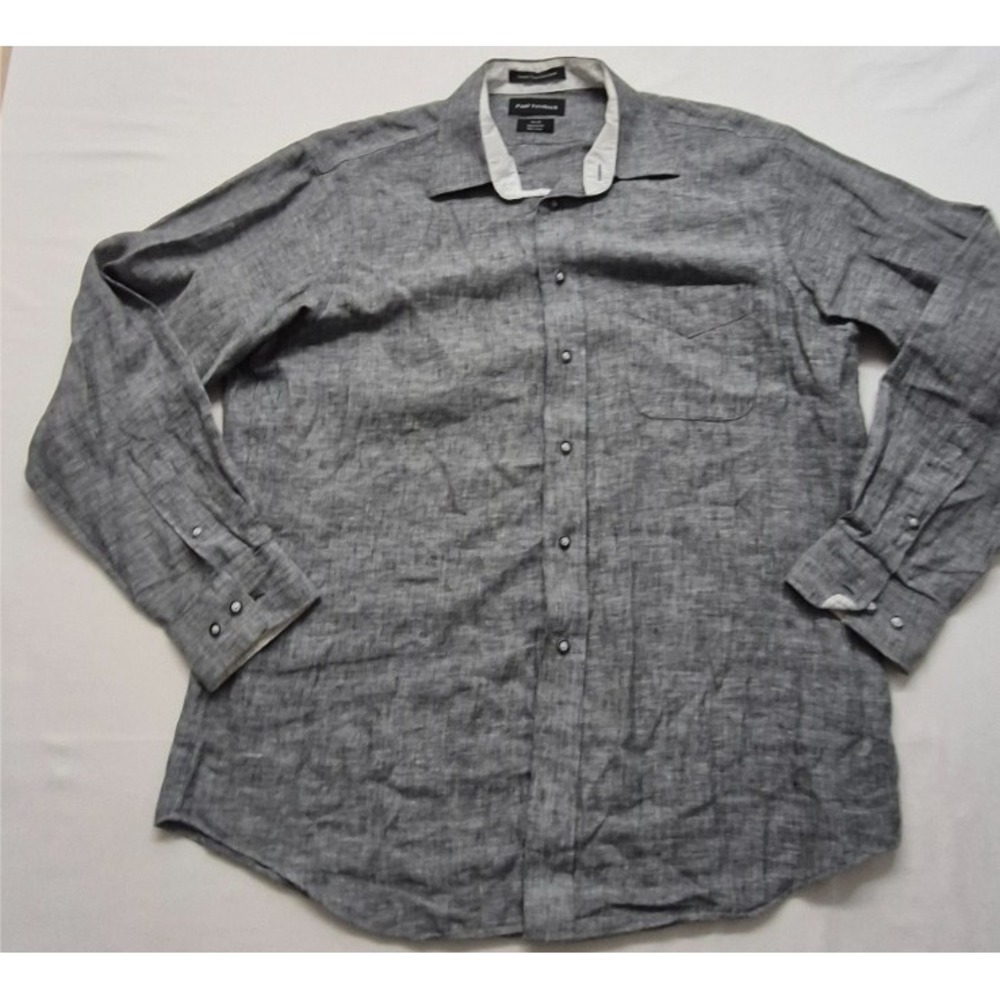 Paul Fredrick Tailor Fit men's grey LS button up shirt 16x34 100% Linen Non-Iron
